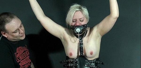  Kinky blonde teen leather slavegirl Chaos tied up and tit tormented